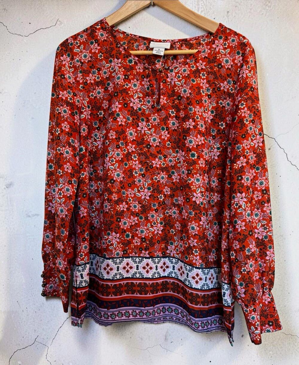 Liz Claiborne Women's Floral Blouse Peasant Long Sleeve Size M Boho Autumnal